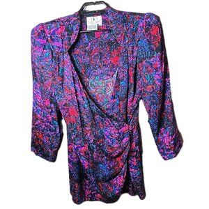 Vtg 80s Flora Kung New York Silk Wrap Blouse Abstract Print Shoulder Pads Sz 14
